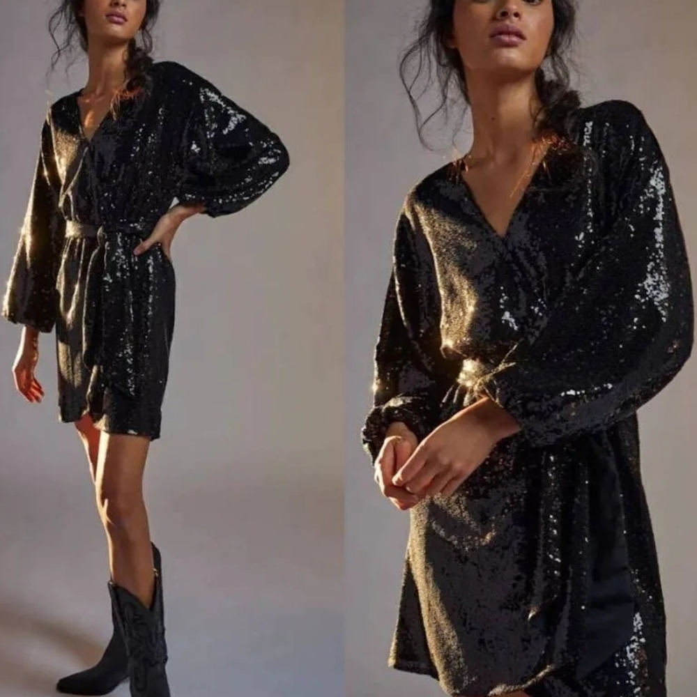 Anthropologie Lisabette Black Sequin Dress Size Medium NWT